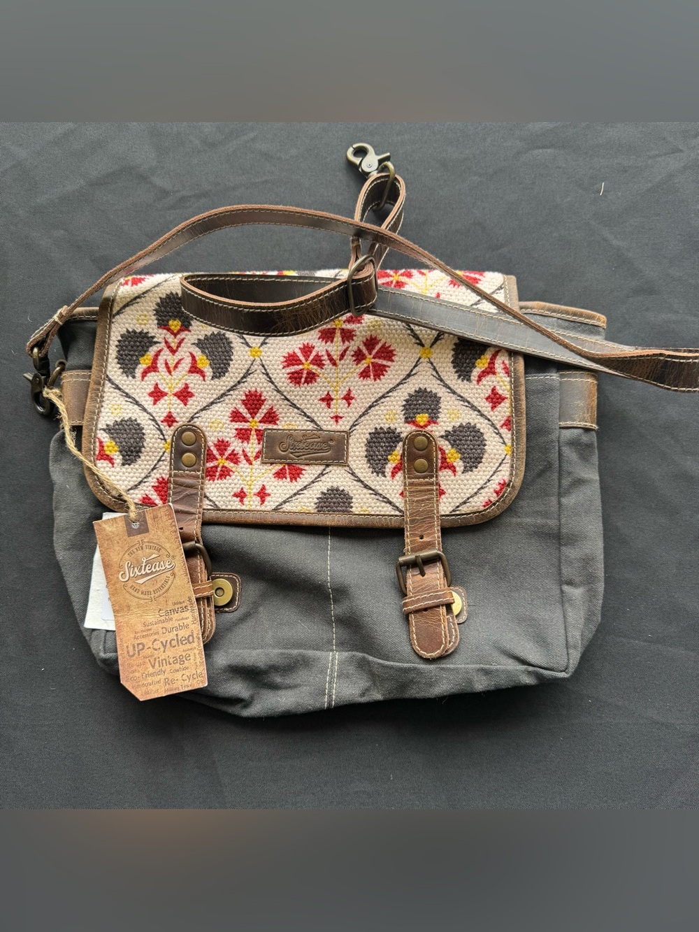 Sixtease Floral Tapestry Purse Brown Leather Trim NWT